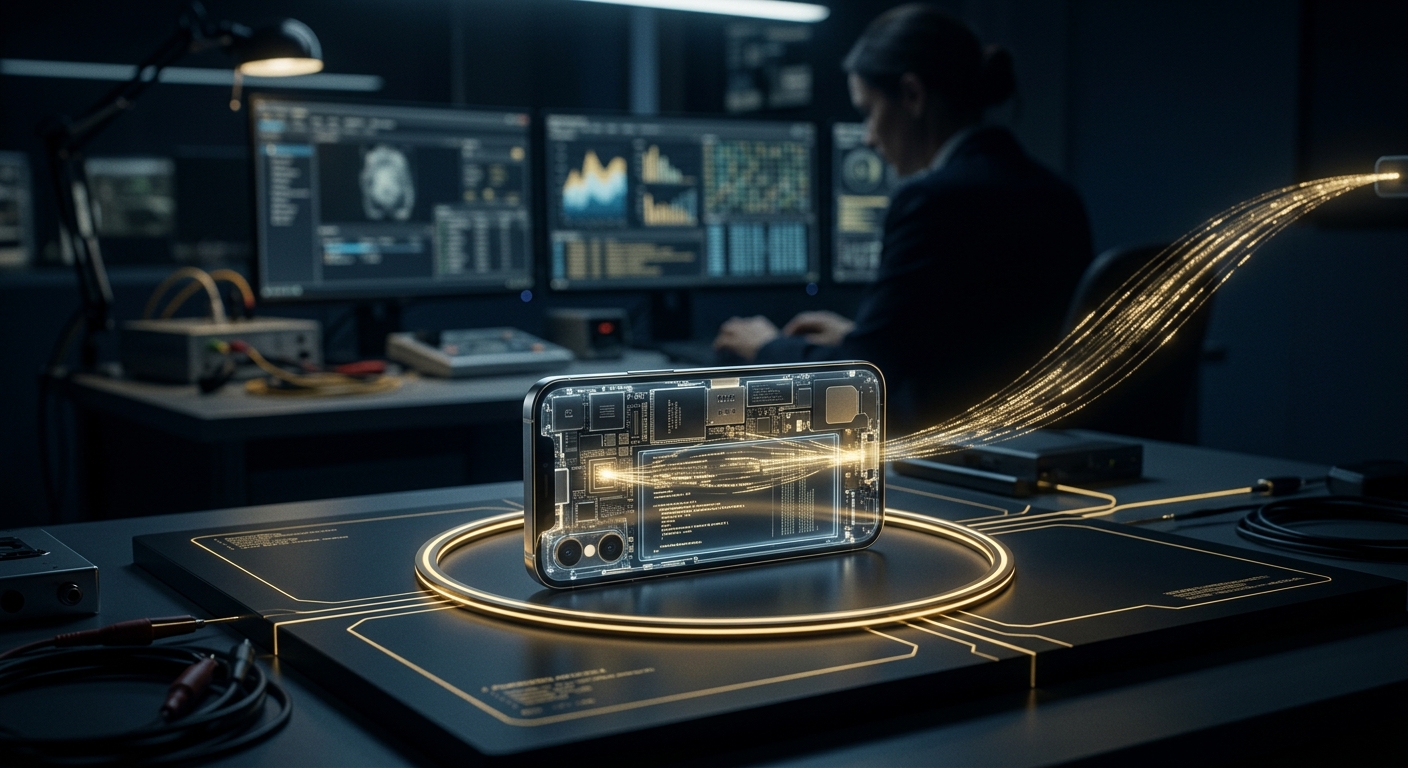 Conceptual image of a smartphone leaking hidden data to spyware, isolated for forensic examination in navy and gold
