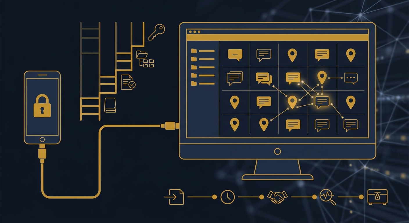 Mobile forensic examiner reviewing extraction tiers and recovered artifacts on a secure workstation