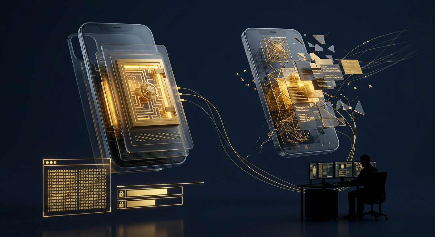 iPhone and Android mobile forensics extraction concept showing encryption barriers in navy and gold