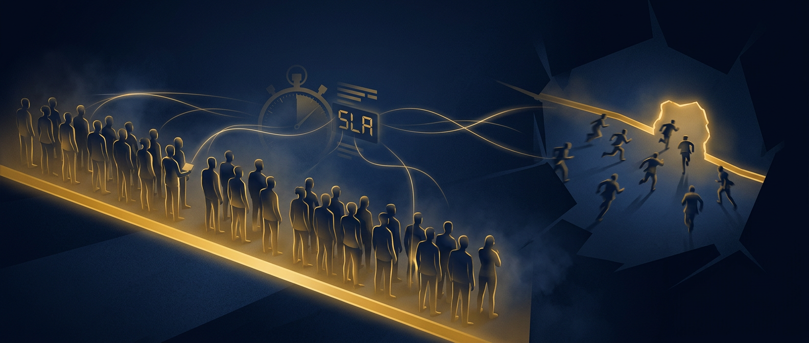 Incident response retainer concept showing a pre-positioned response team behind a secured perimeter versus scattered on-demand responders racing to a breach, in navy and gold