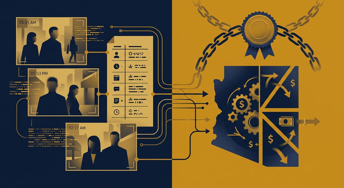 Concept linking a discreet surveillance file to Arizona community-property and asset-dissipation considerations in navy and gold