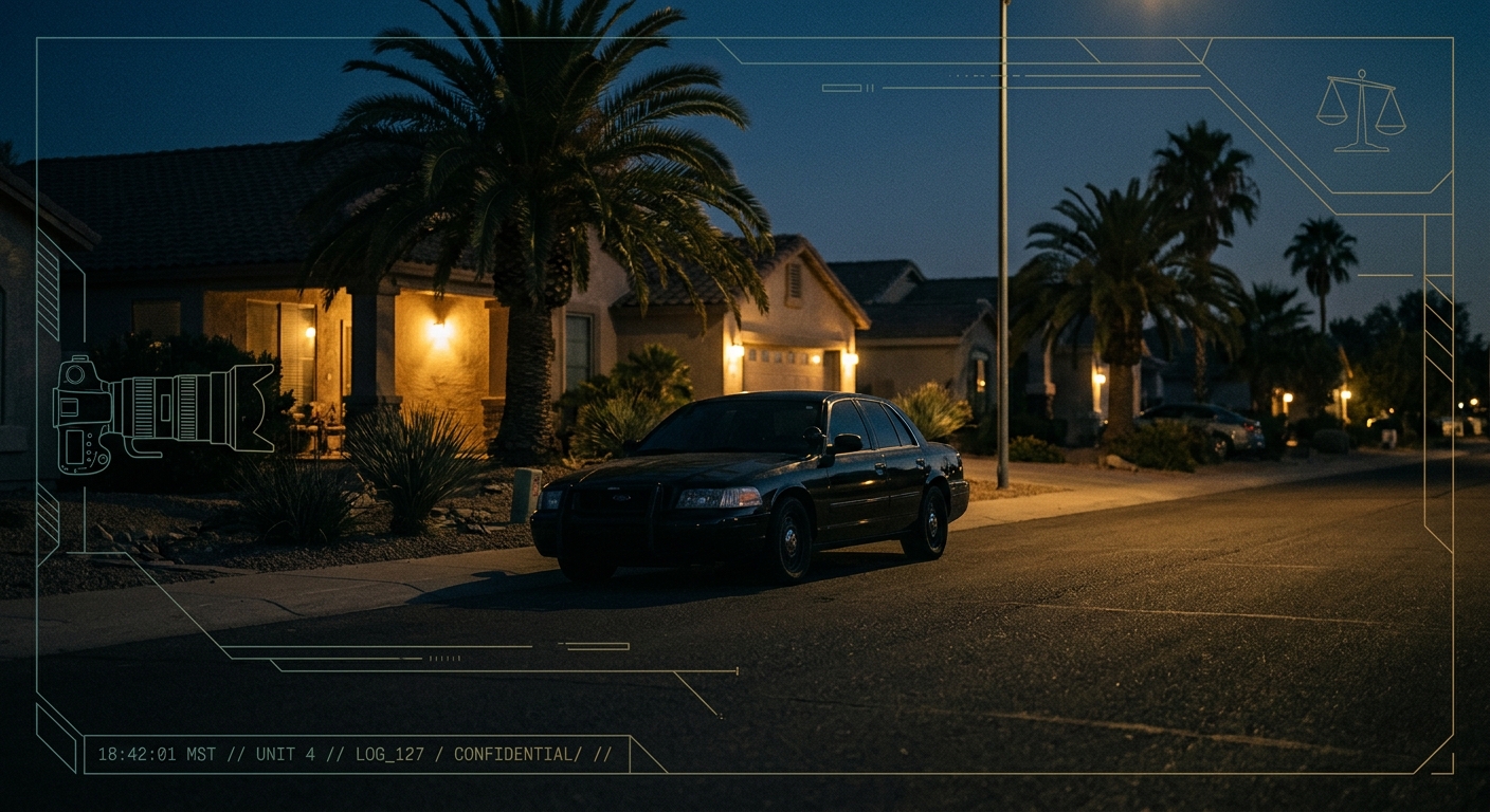 Discreet Arizona infidelity surveillance concept showing an unmarked vehicle on a residential street with timestamped log overlay in navy and gold