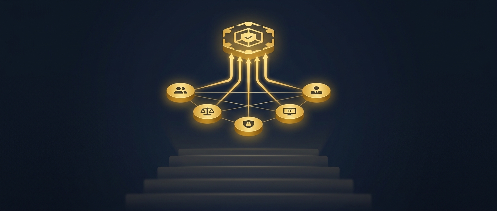 Cross-functional insider threat governance concept with HR, legal, security, IT, and leadership converging on a central program hub in navy and gold