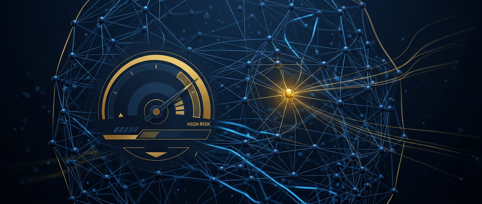 Insider threat program concept showing an anomalous employee node and data exfiltration flow lines monitored across a corporate network in navy and gold