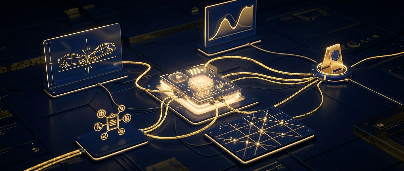 Suspicious insurance claim file linked by verification threads to a staged-collision diagram, telematics data and a database cross-match in navy and gold