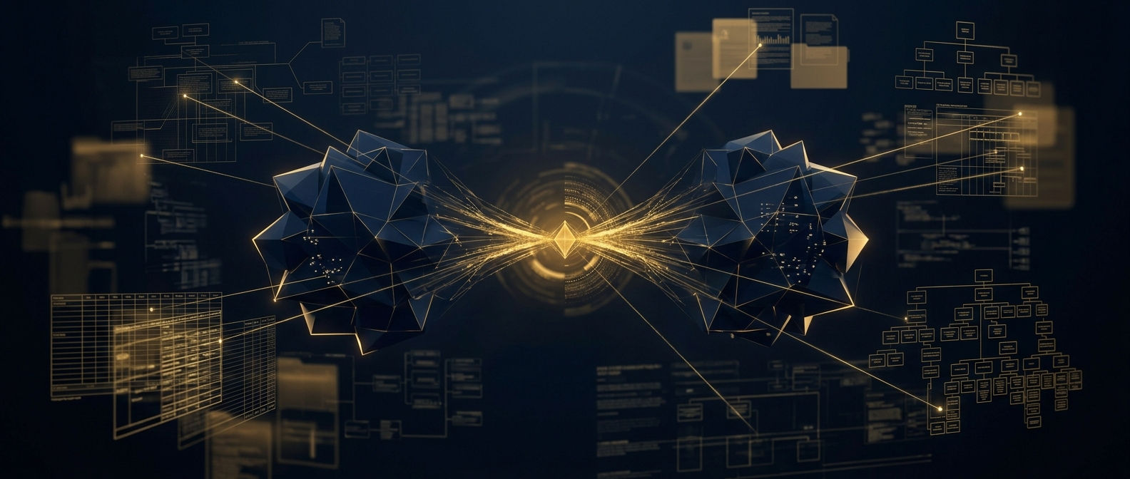Investigative due diligence for mergers and acquisitions concept showing two converging companies examined for litigation, ownership, and background risk in navy and gold