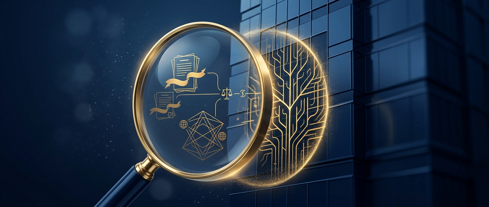 Investigative lens surfacing a deal principal's concealed litigation history, undisclosed liabilities, and hidden ownership behind a corporate facade in navy and gold