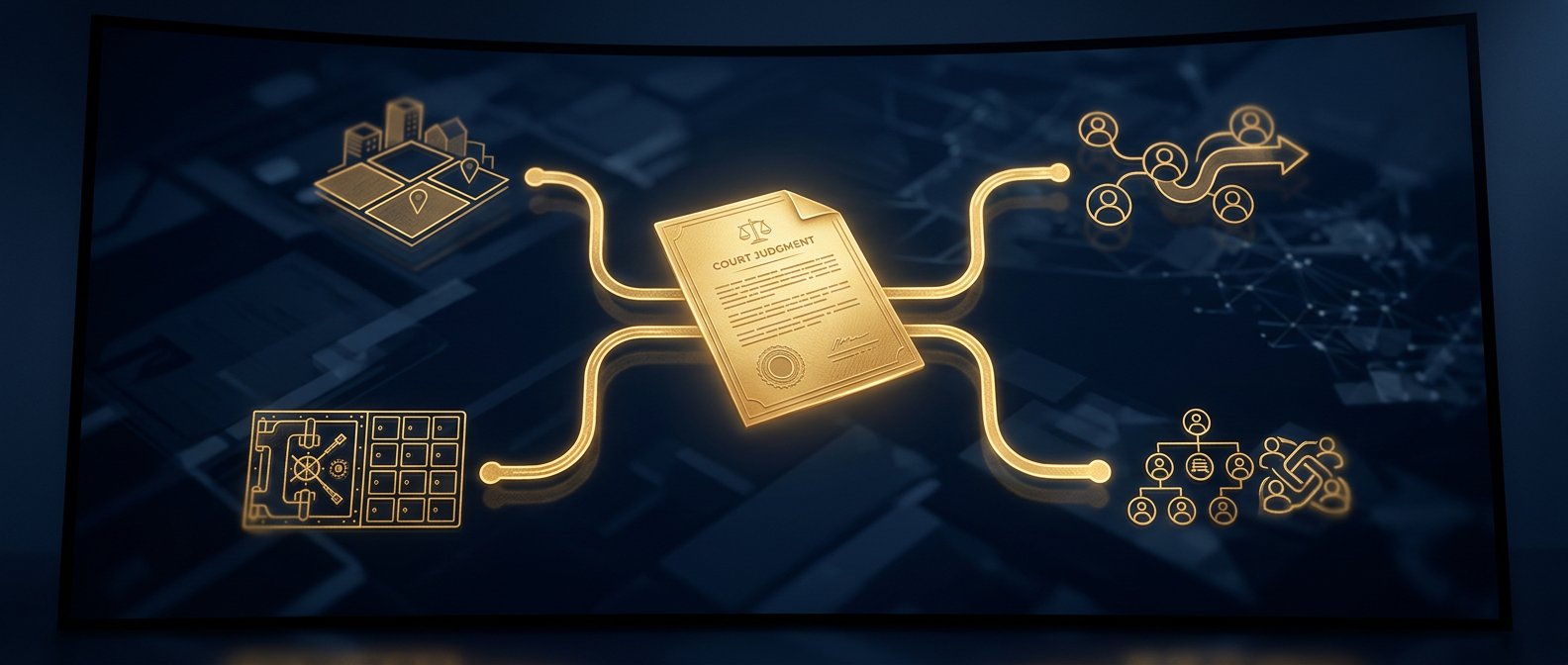A court judgment transforming into a map of a debtor's attachable assets connected by gold tracing lines in navy and gold