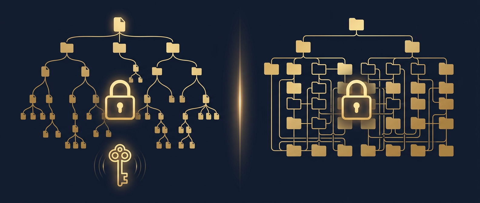 Comparison of macOS APFS copy-on-write snapshots and Windows NTFS structures, each encrypted, highlighting the macOS decryption-key requirement, in navy and gold