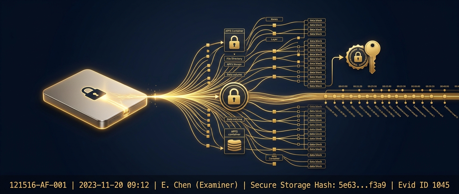 macOS forensic acquisition concept showing an encrypted volume unlocking into an APFS snapshot tree with a secure-enclave key and unified-log timeline, in navy and gold