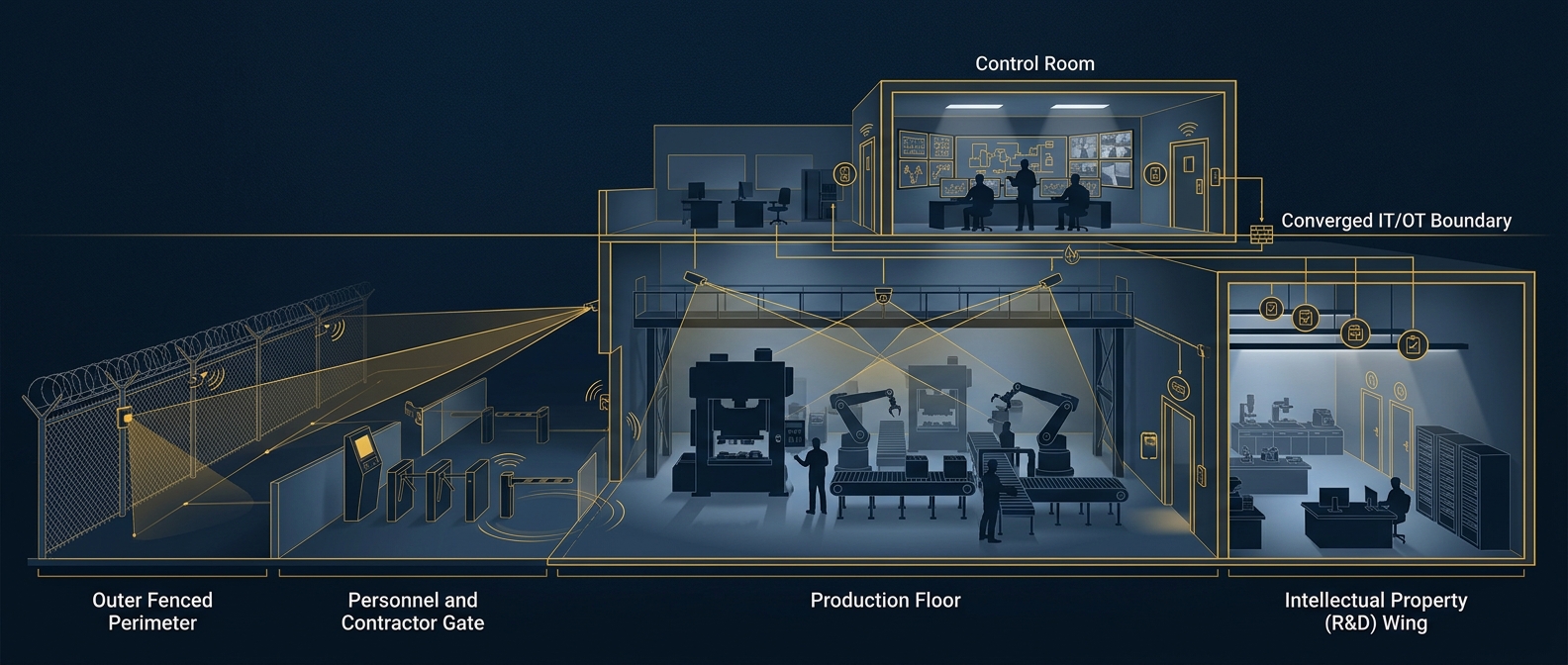 Cutaway concept of a manufacturing plant showing layered security zones from perimeter to control room and IP wing with an IT/OT boundary in navy and gold