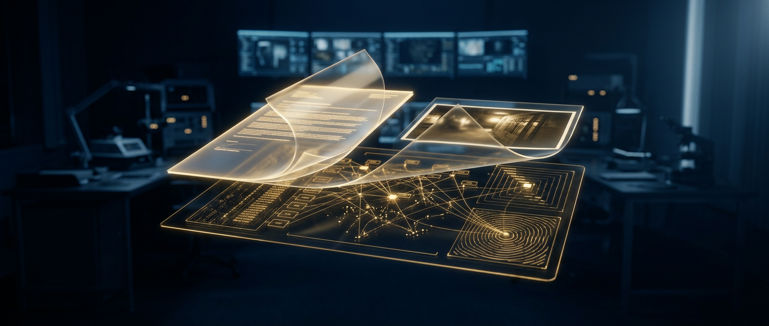 A document and photo peeled back to reveal a hidden gold layer of embedded metadata - timestamps, GPS, author, and revision history - in navy and gold