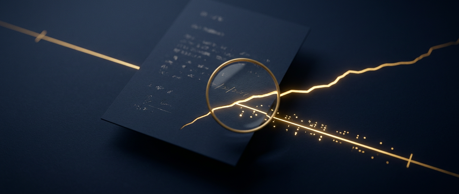 A claimed document date contradicted by a hidden metadata timestamp diverging along a gold fault line under a magnifier, in navy and gold