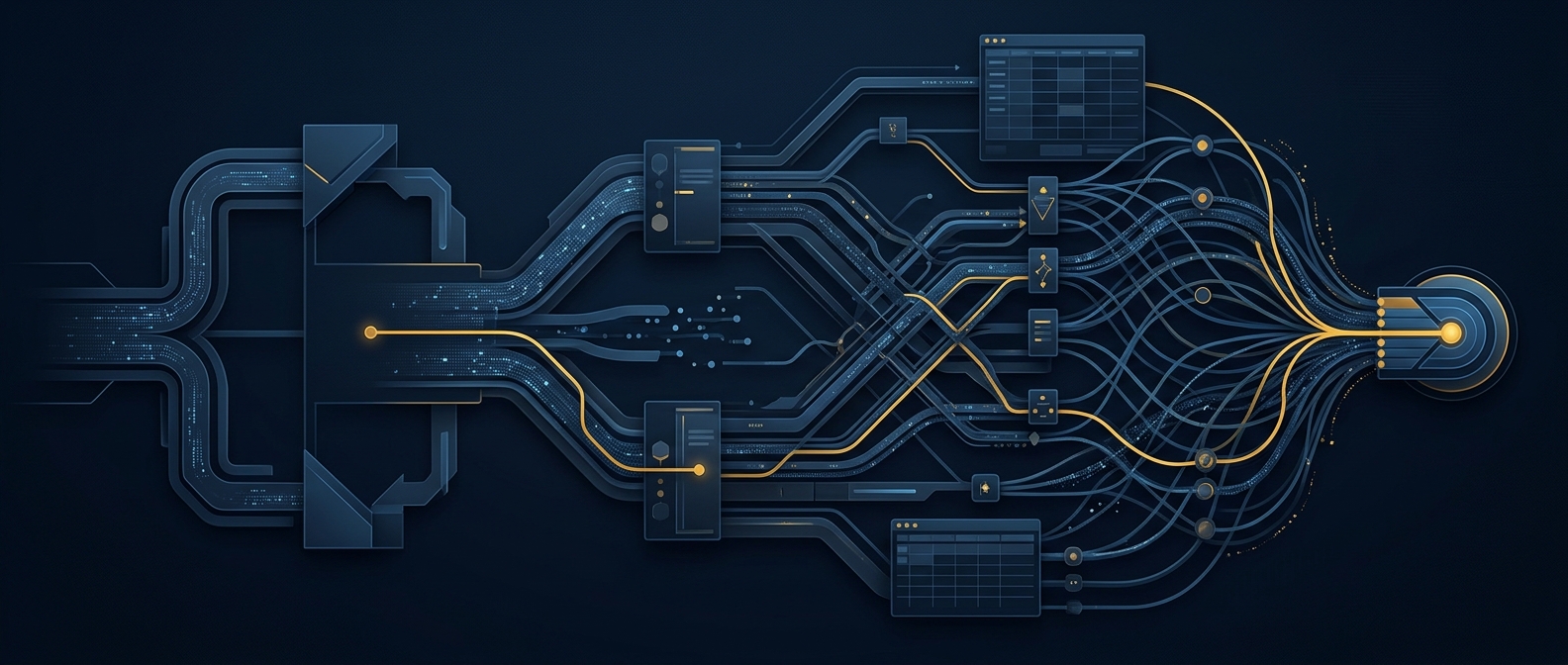 Conceptual money-laundering flow showing placement, layering, and integration across a ledger grid with a gold analytic trace in navy and gold