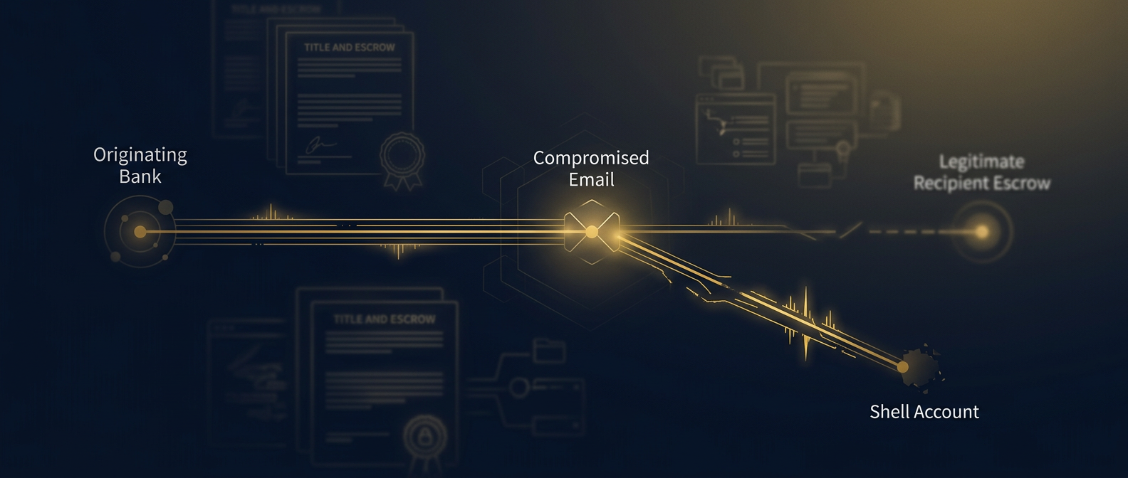 Closing wire fraud concept showing legitimate escrow funds diverted through a compromised email to a fraudulent shell account in navy and gold