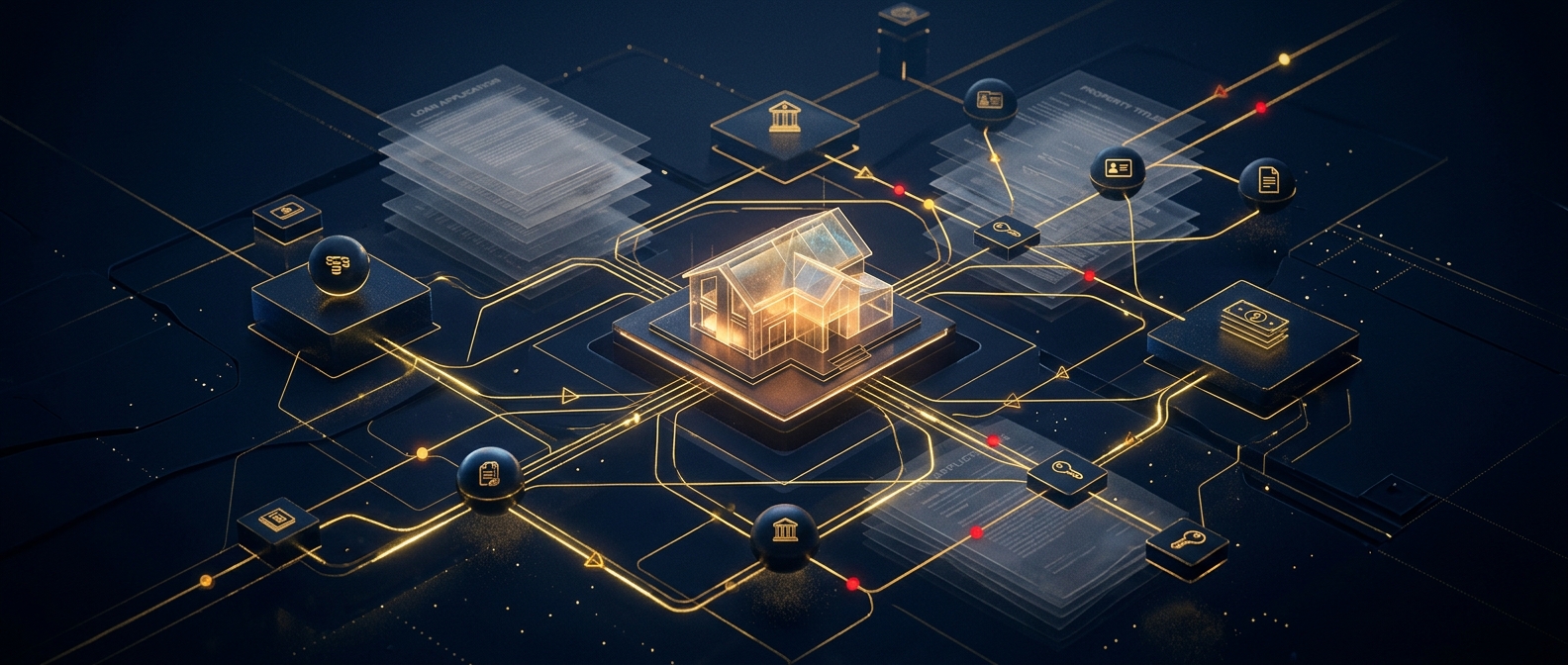 Mortgage and real estate fraud investigation concept showing a property linked to a network of financial, identity, and document nodes with flagged anomalies in navy and gold