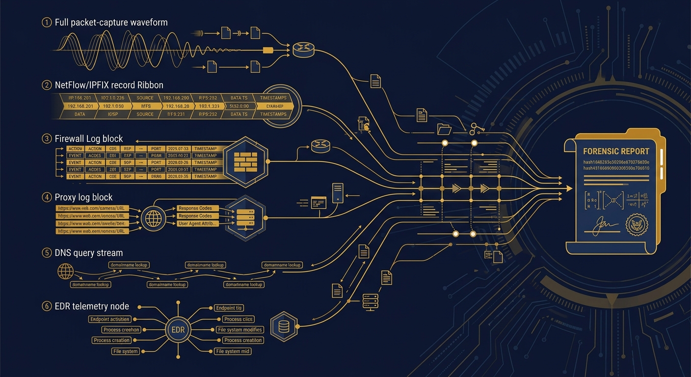 Packet capture, NetFlow, firewall, proxy, DNS and EDR telemetry converging on one reconstructed intrusion timeline