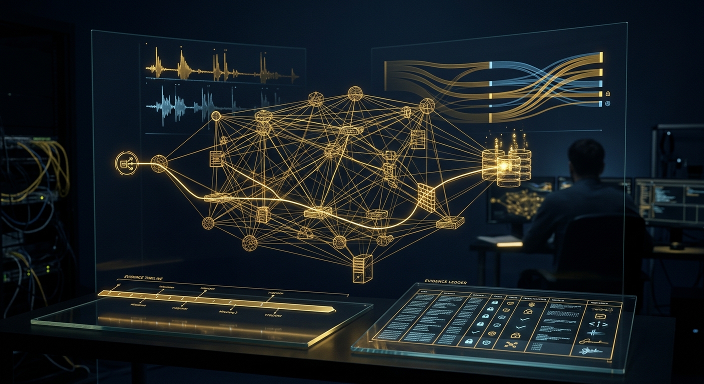 Network intrusion forensics concept showing a gold attacker path traced across a wireframe enterprise network with packet-capture and flow-record overlays in navy and gold