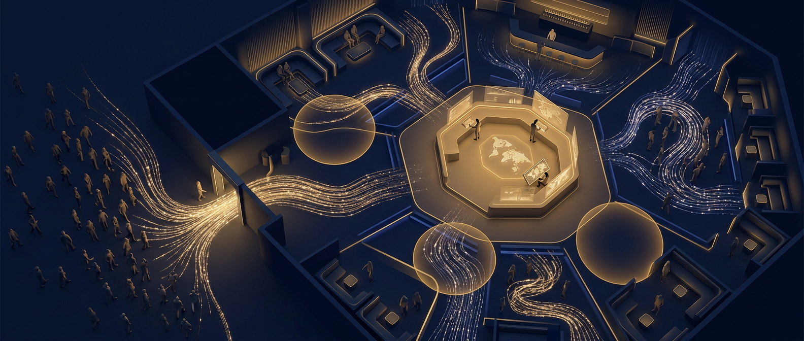 Nightclub and bar security operations concept showing controlled crowd flow, entry screening, and floor monitoring in navy and gold