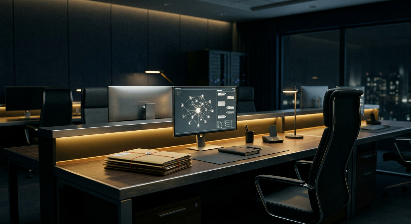 Non-compete violation investigation command center with corporate link analysis and case timeline in navy and gold