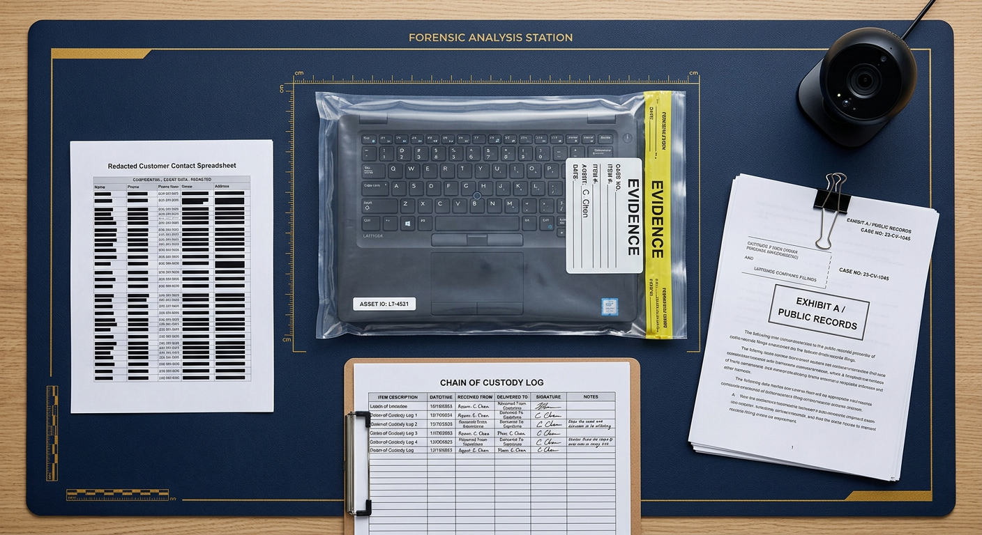 Litigation evidence desk showing imaged laptop, public records, surveillance node, and chain-of-custody log for a non-compete case in navy and gold