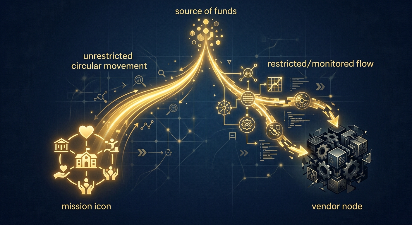 Conceptual navy and gold diagram contrasting proper restricted-fund use with diverted charitable donations