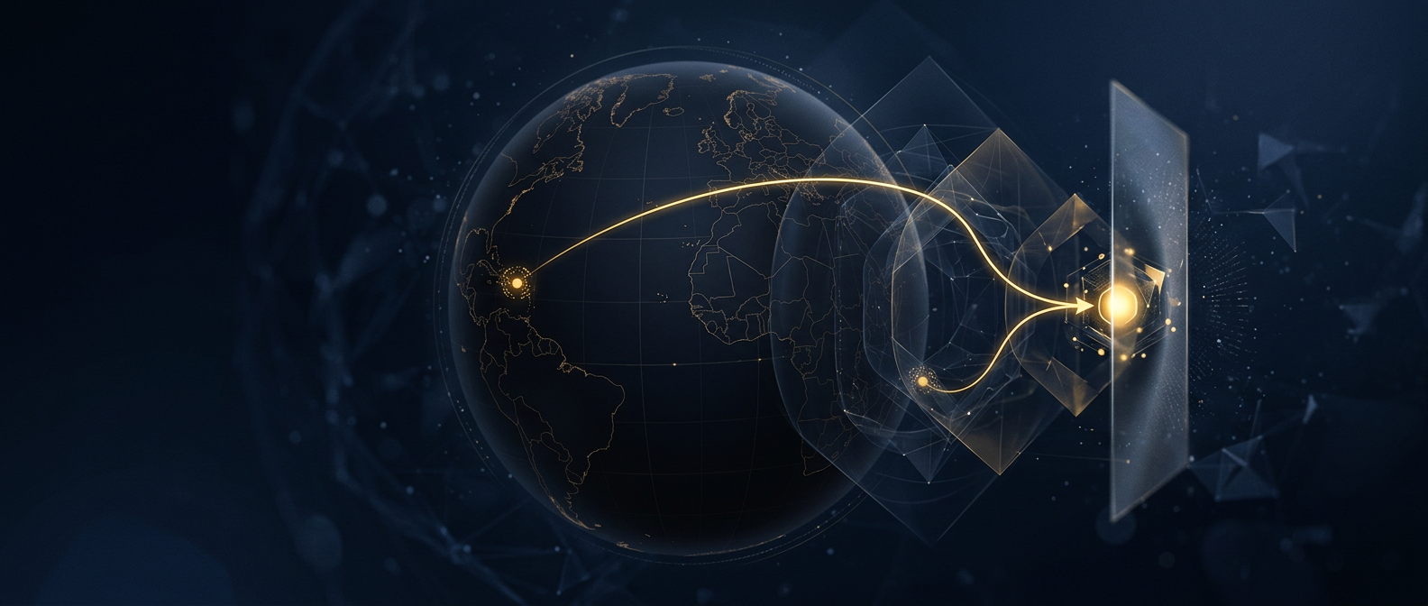 Offshore asset investigation concept showing a gold trace crossing secrecy jurisdictions on a globe to reach a concealed asset in navy and gold