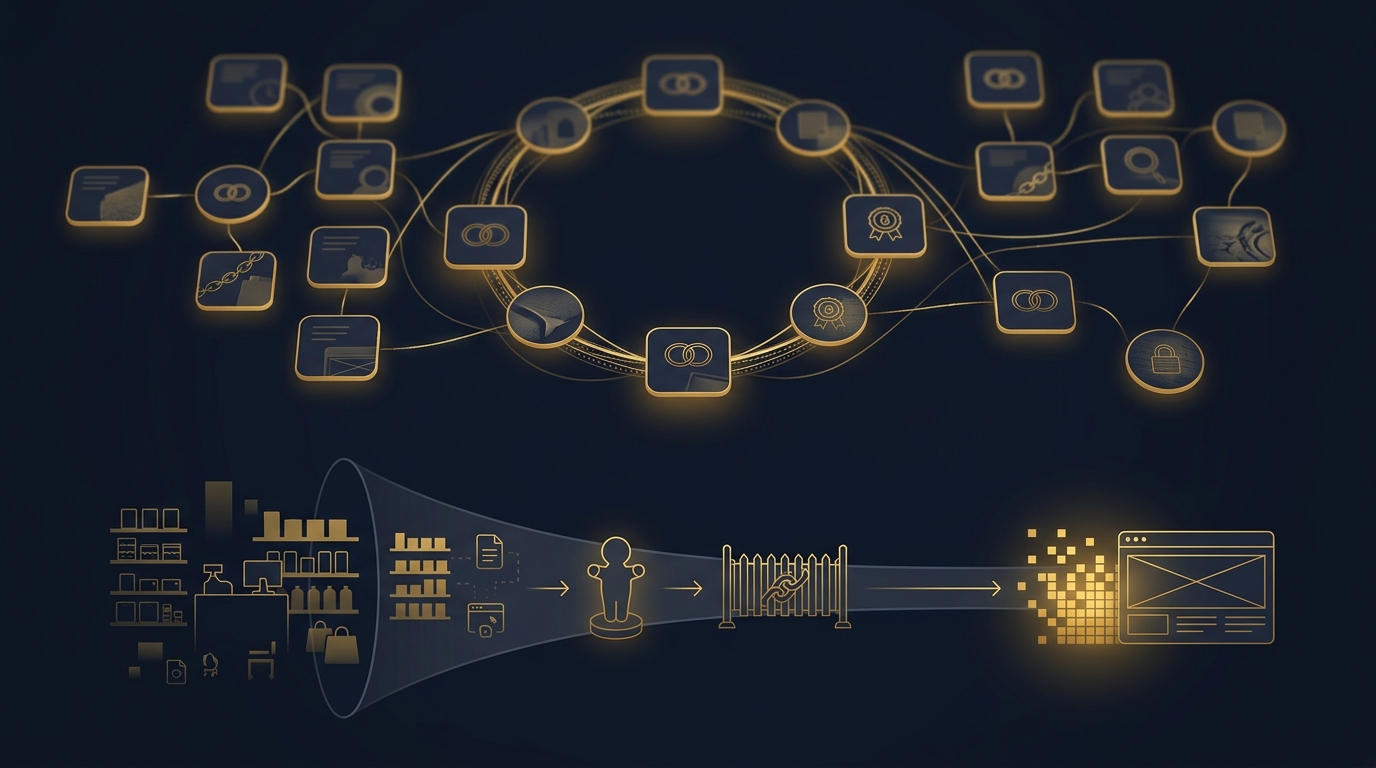 Investigative case board linking anonymized retail theft incidents into a single organized-crime ring and tracing merchandise from shelf to fence to online resale in navy and gold