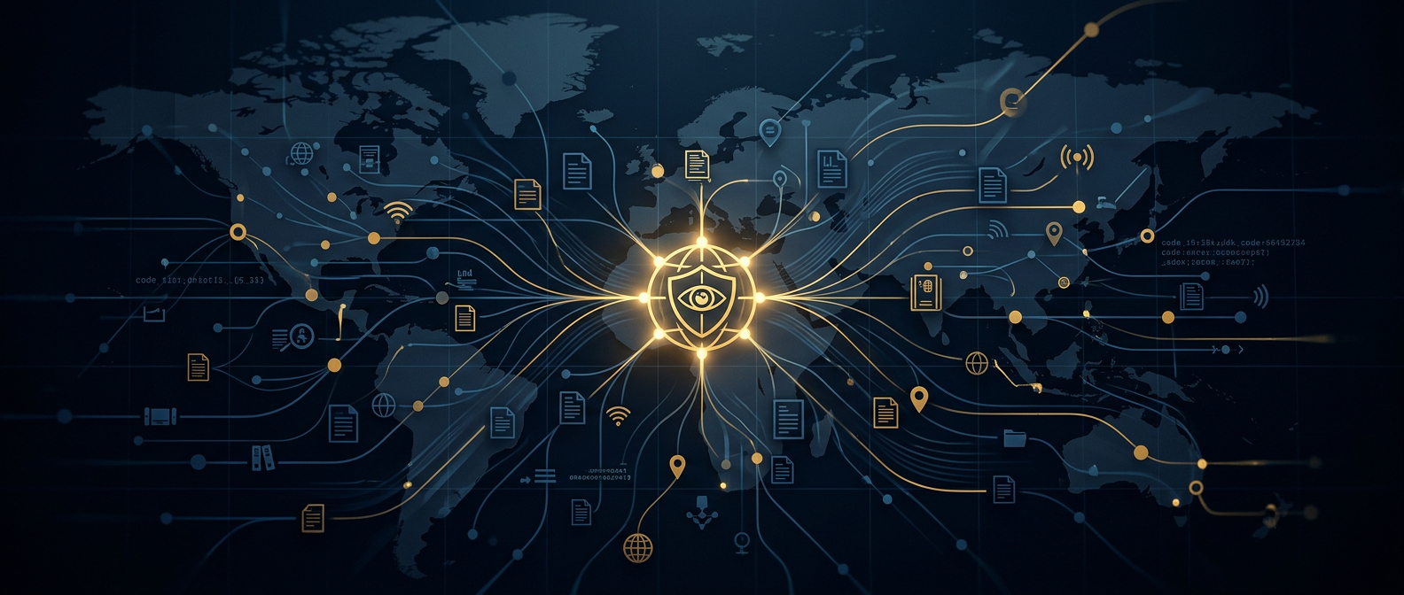 Open-source intelligence collection concept showing public-data nodes converging into a central analysis graph in navy and gold