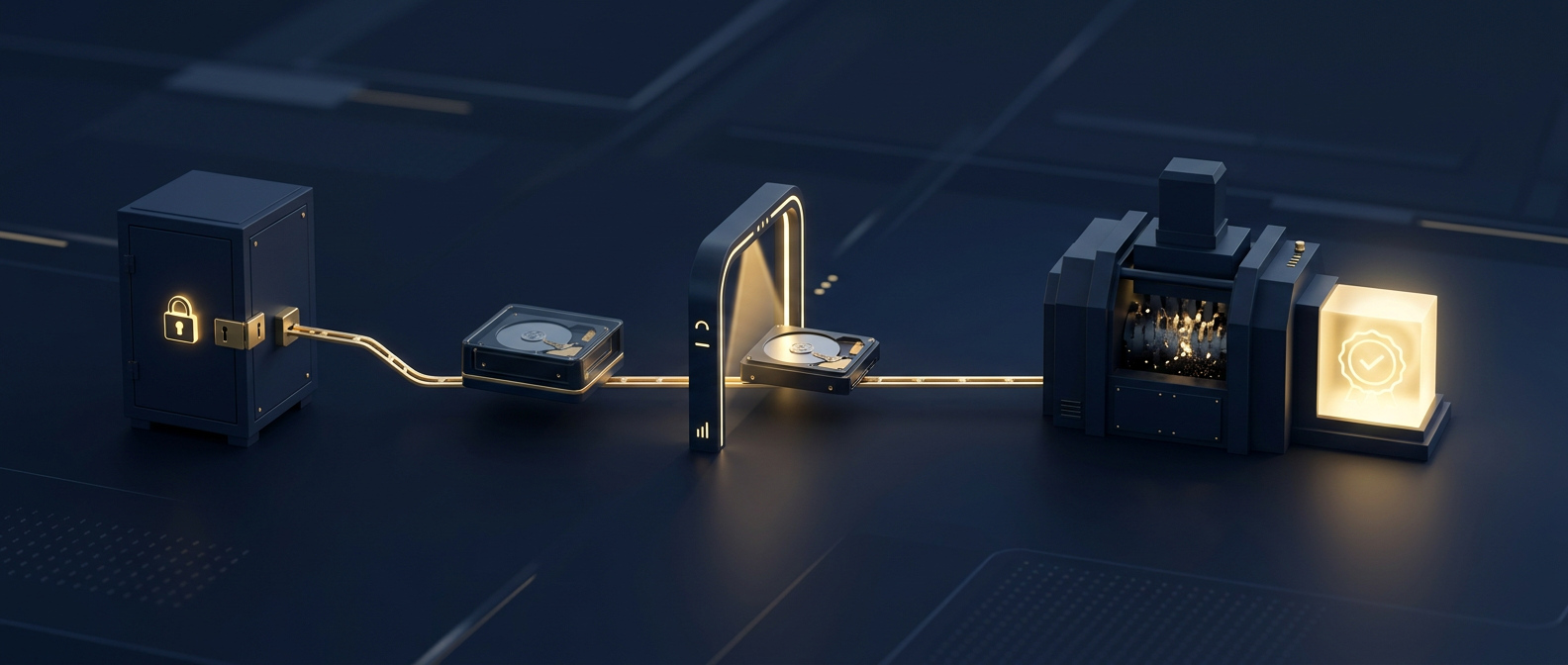 Secure media disposal concept showing a decommissioned drive moving along a chain-of-custody line to verified destruction and a certificate node in navy and gold