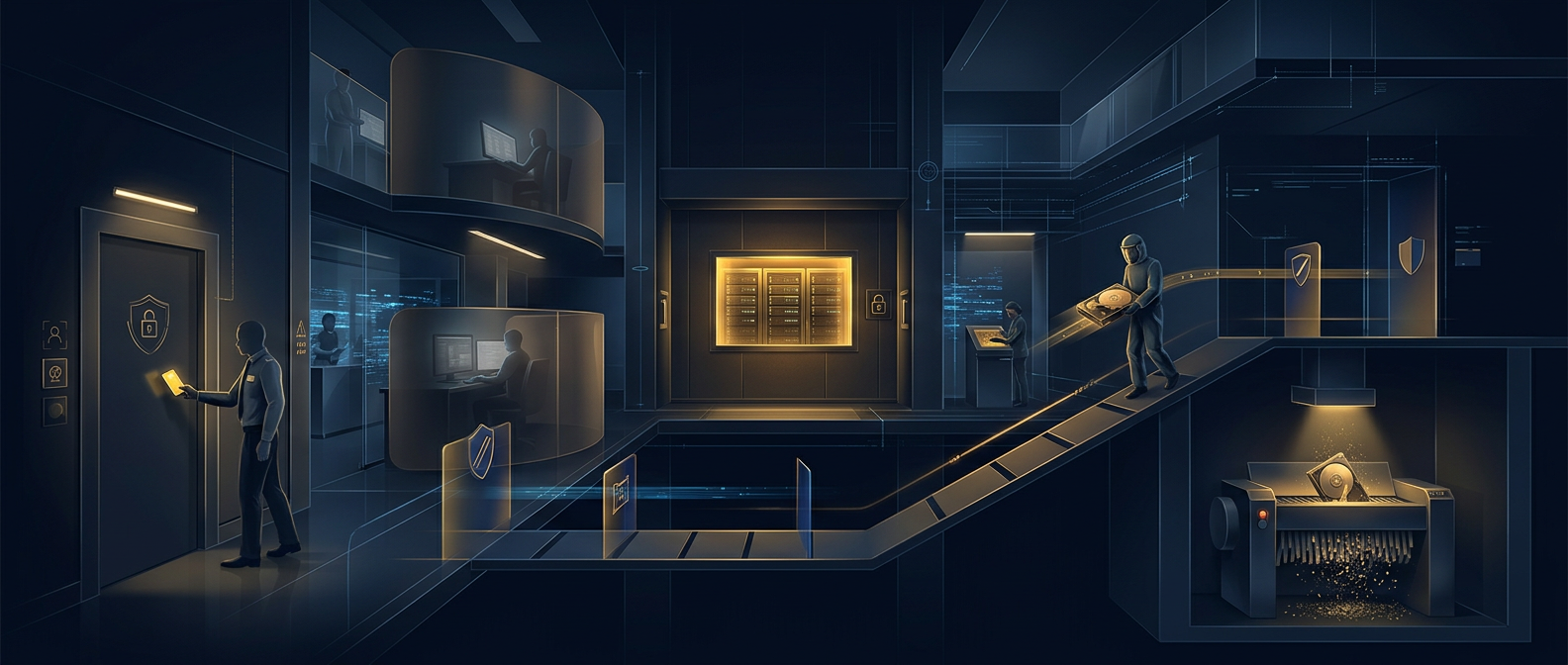 Physical security for protected health information concept showing badge-controlled facility access, a locked server room, shielded workstations, and secure media destruction in navy and gold