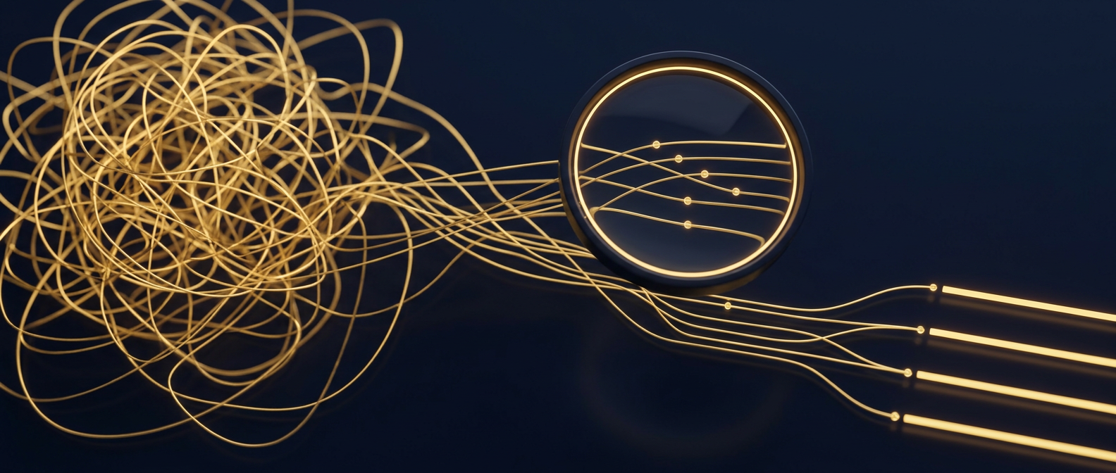 Forensic reconstruction separating tangled commingled bank flows into distinct traced streams under a light in navy and gold