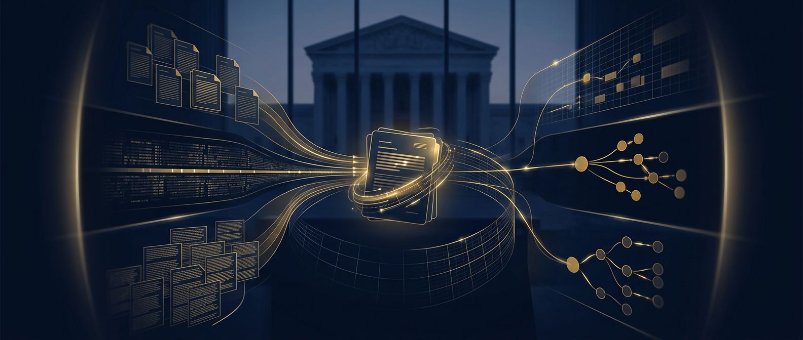 Pre-litigation investigation concept showing evidence, digital timelines, witness statements, and asset tracing converging into an organized case dossier before a courthouse in navy and gold
