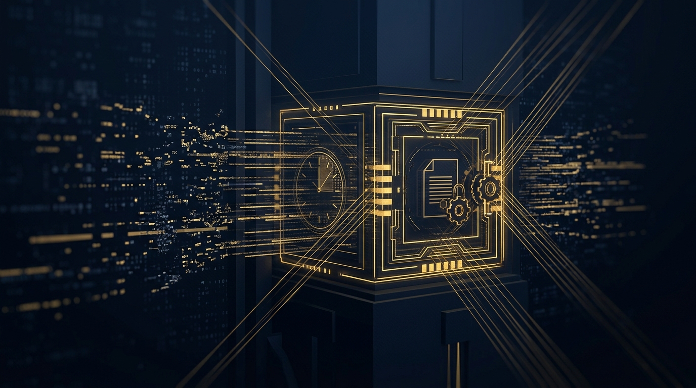 Volatile digital evidence being preserved and locked under a litigation hold before it can be lost or overwritten, shown in navy and gold