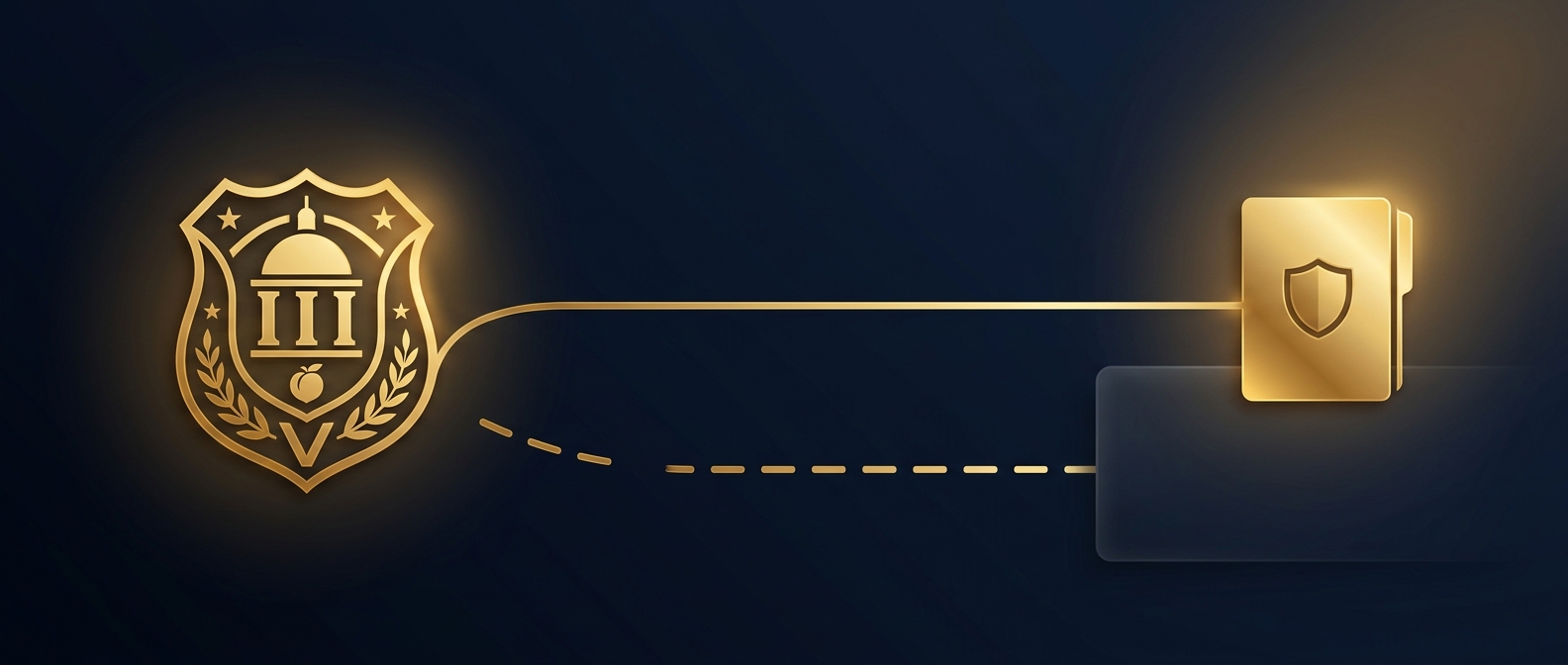 Verified Georgia investigator license linked to a protected case file while an unlicensed operator path is blocked, in navy and gold