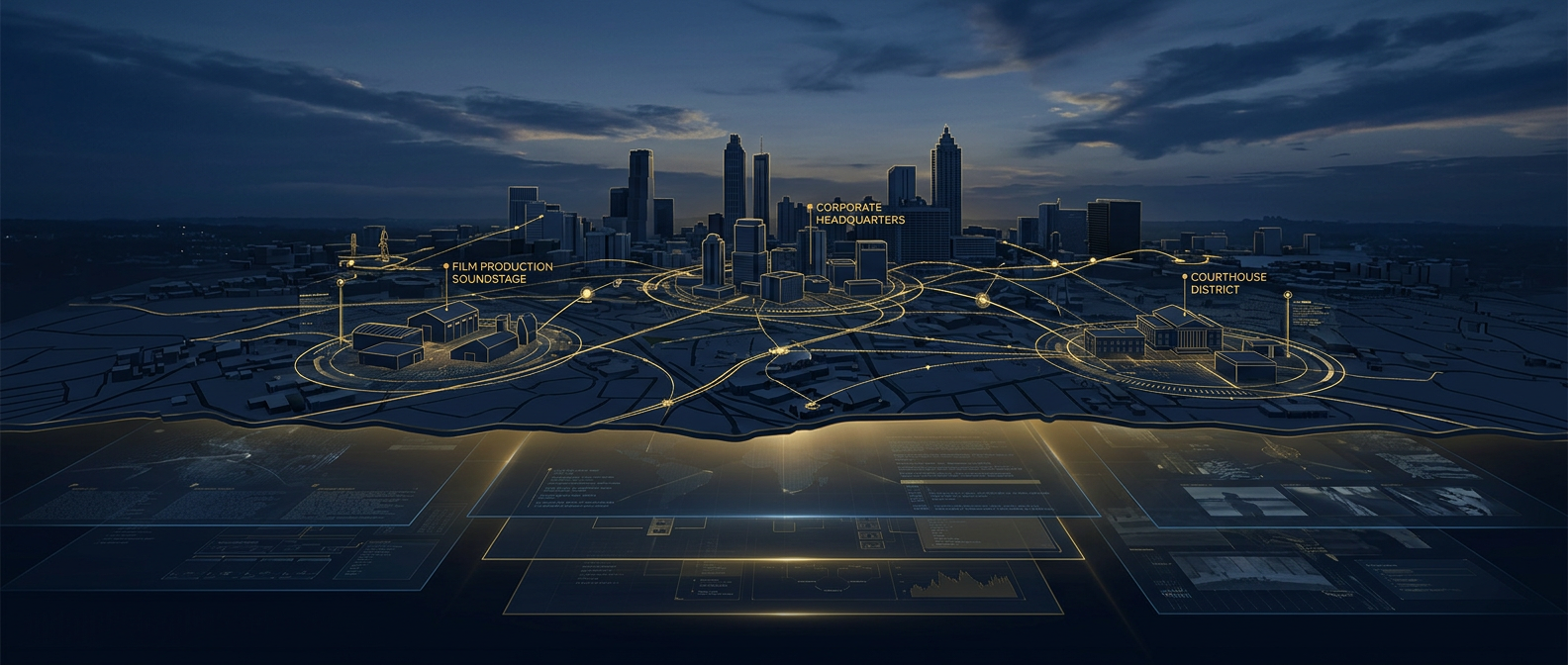 Atlanta private investigation concept mapping corporate, film-production, and litigation cases across a navy and gold skyline