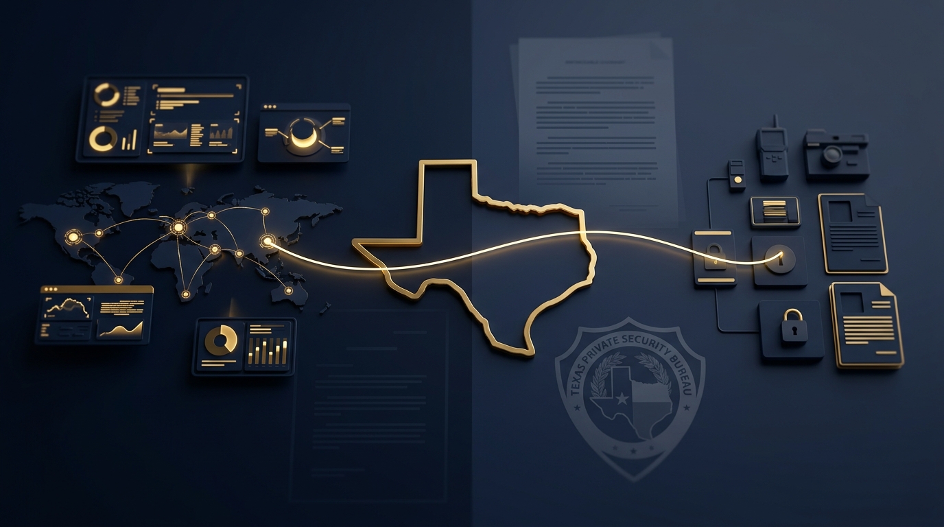 Concept of in-house global forensics command coordinating with a Texas-licensed field team across the Texas state outline, with an enforceable non-compete document, in navy and gold
