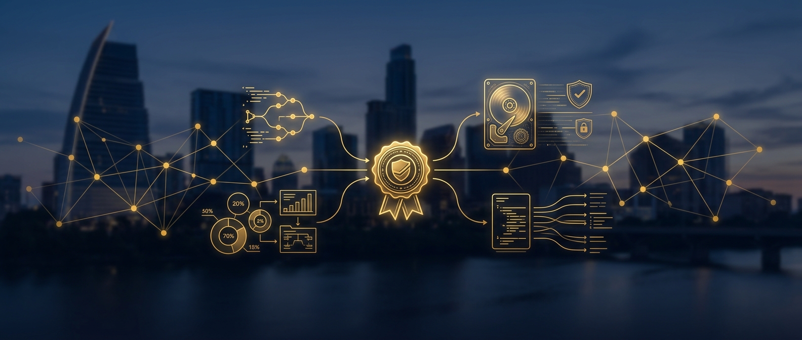 Austin tech and startup investigation concept showing skyline silhouette and converging intelligence nodes for source code, due diligence, forensic evidence, and financial tracing in navy and gold