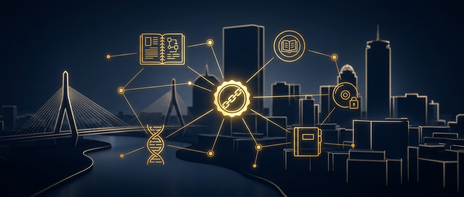 Boston biotech and university investigation concept showing skyline silhouette and converging intelligence nodes for lab research, forensic evidence, and corporate due diligence in navy and gold