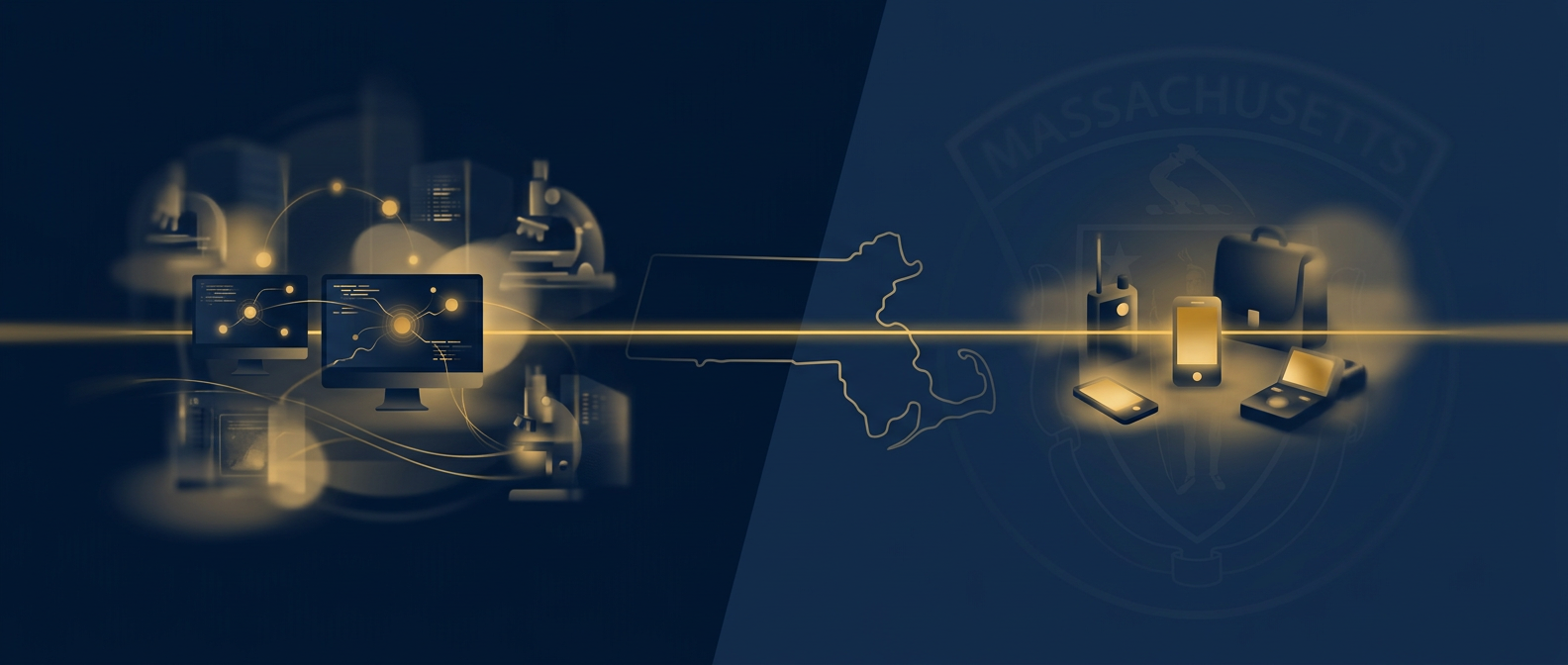Concept of in-house global forensics command coordinating with a Massachusetts-licensed field team across a state line in navy and gold