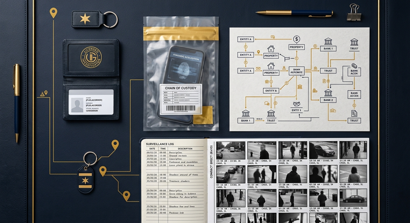Chicago investigation case desk showing a sealed forensic phone image, an asset-tracing diagram, and a faceless surveillance log