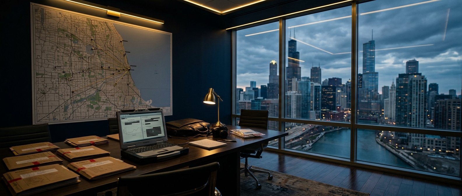 Discreet Chicago private-investigations command room with sealed evidence folders and a Cook County case map overlooking the river skyline at dusk
