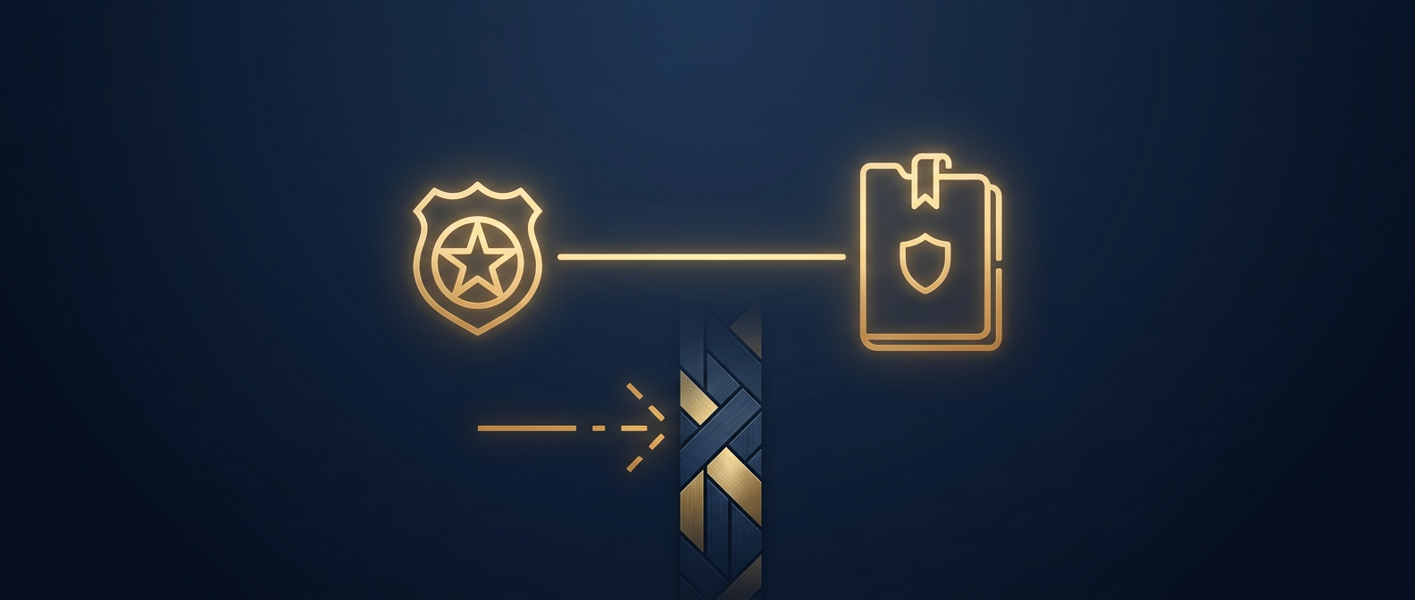 Verified Texas investigations license linked to a protected court-ready case file while an unlicensed operator path is blocked, in navy and gold