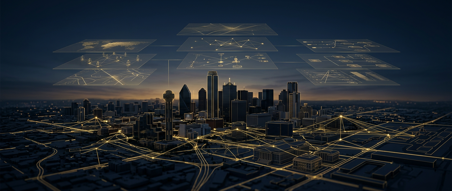 Dallas-Fort Worth private investigation concept mapping corporate fraud, family-law, and background cases across a navy and gold metroplex skyline