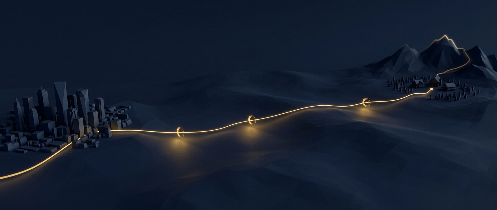Lawful investigative path tracing corporate and financial breadcrumbs across the Front Range from metro to mountain node in navy and gold