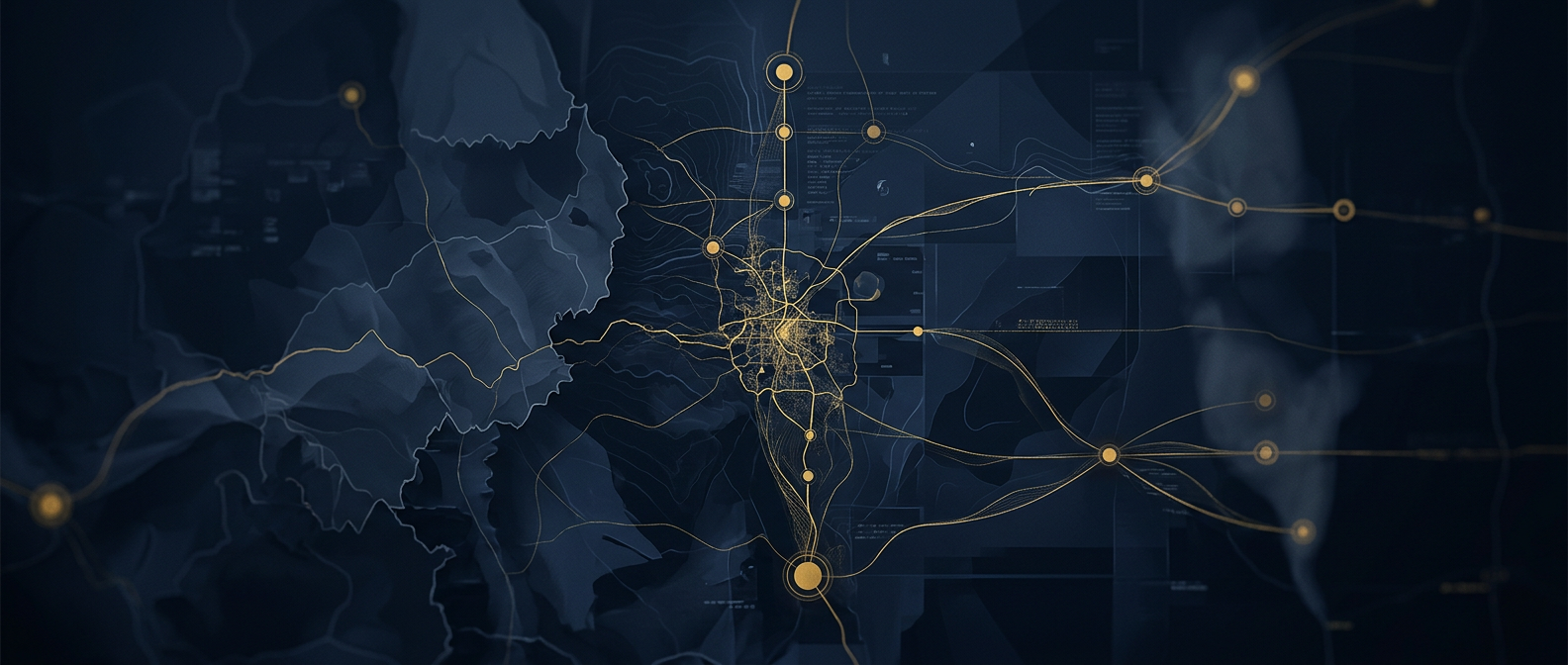 Front Range investigative intelligence map linking Denver-metro corporate clusters and dispersed subjects against the Rocky Mountains in navy and gold