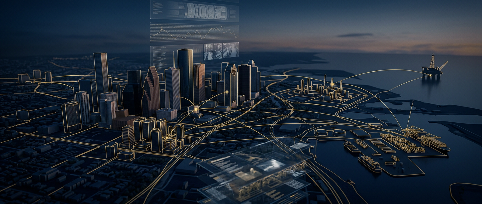 Houston energy-sector investigation concept mapping corporate fraud, due diligence, and trade-secret cases across a navy and gold skyline and refinery skyline