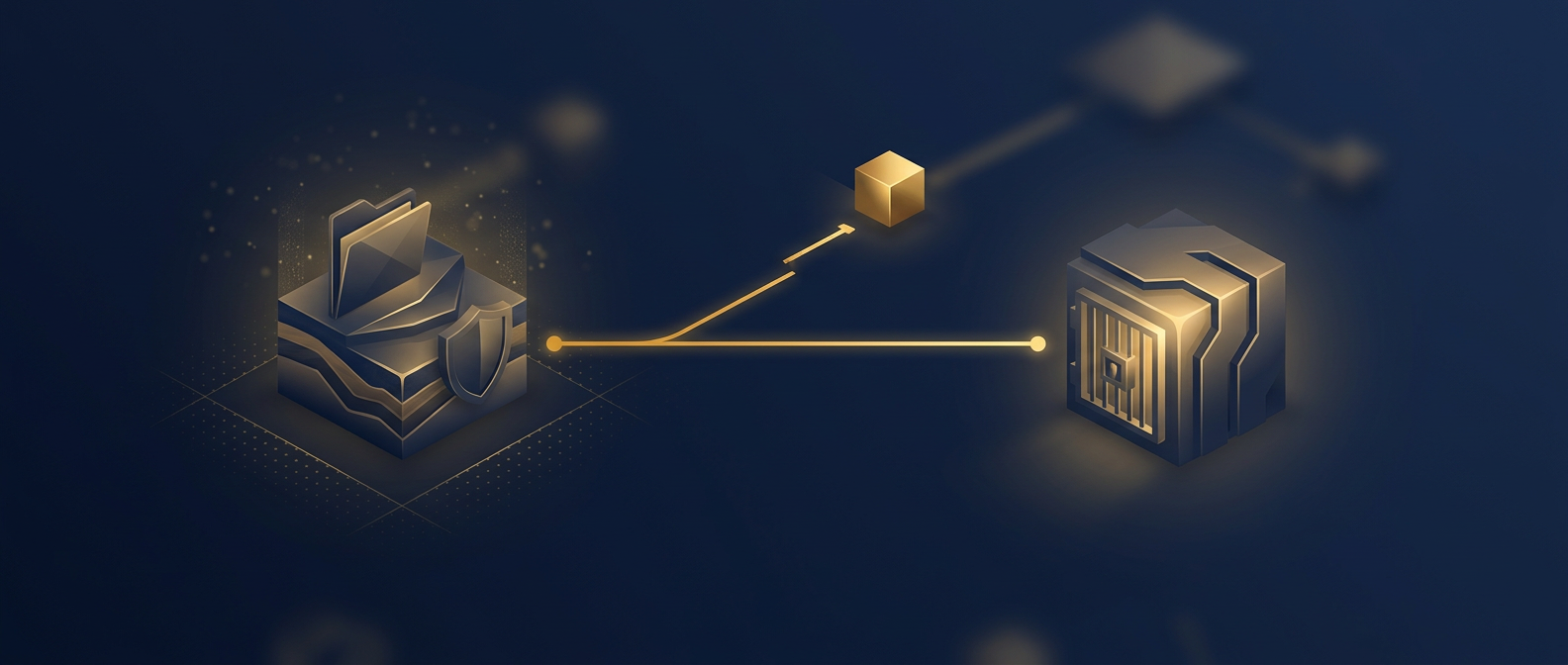 Protected seismic and reservoir data linked to a secured vault while a trade-secret exfiltration path is blocked, in navy and gold
