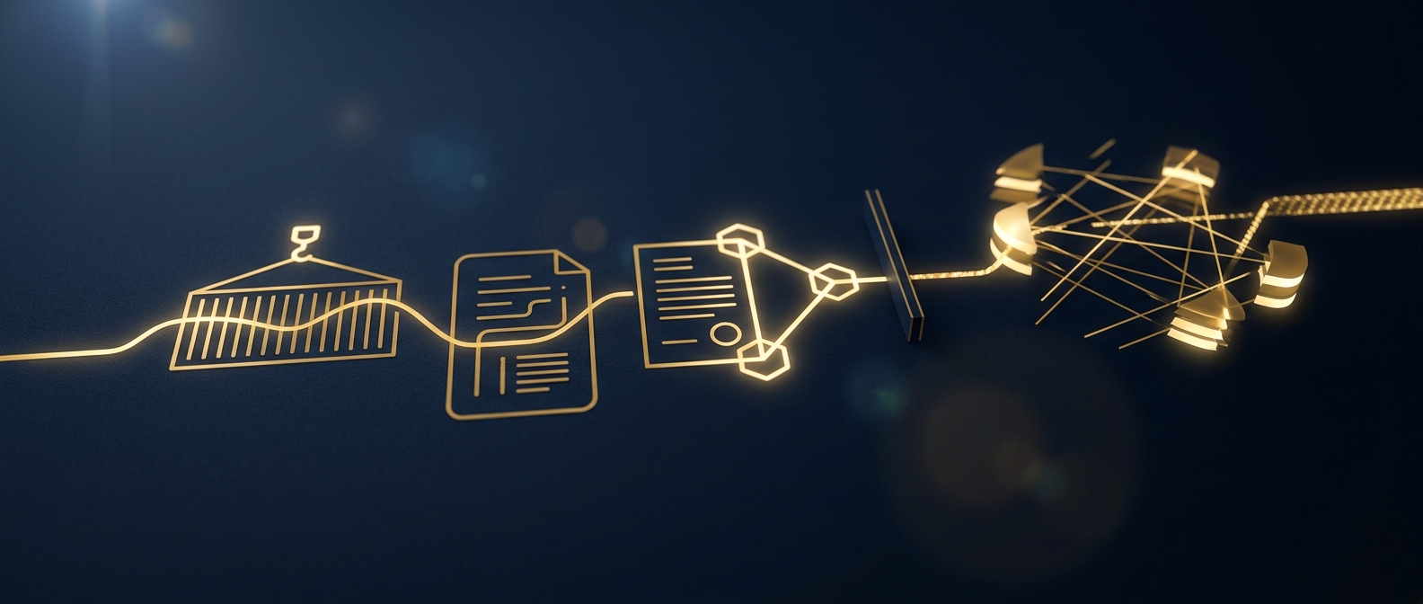 Lawful investigative path tracing a diverted cargo container through carrier and broker records to a concealed entity in navy and gold
