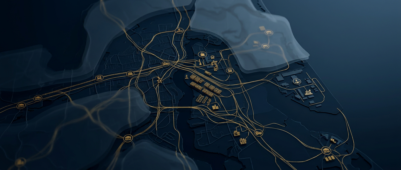 Jacksonville investigative intelligence map linking the port, freight corridors, warehouses, and naval installations in navy and gold